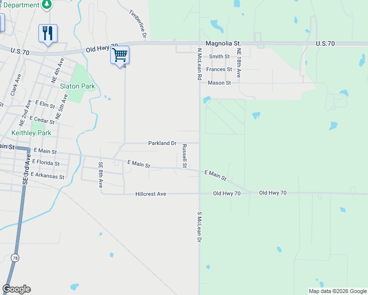 map of restaurants, bars, coffee shops, grocery stores, and more near 1205 East Main Street in Durant