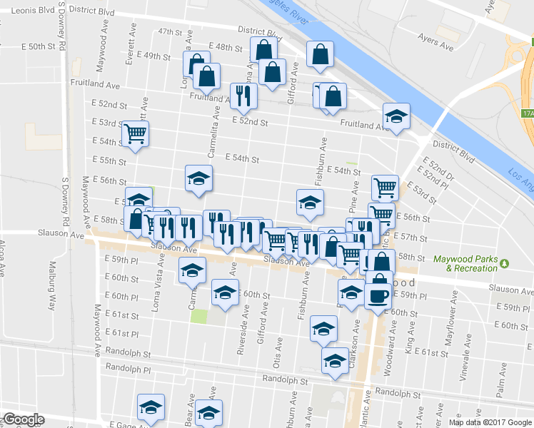 map of restaurants, bars, coffee shops, grocery stores, and more near 4045 E 57th St in Maywood