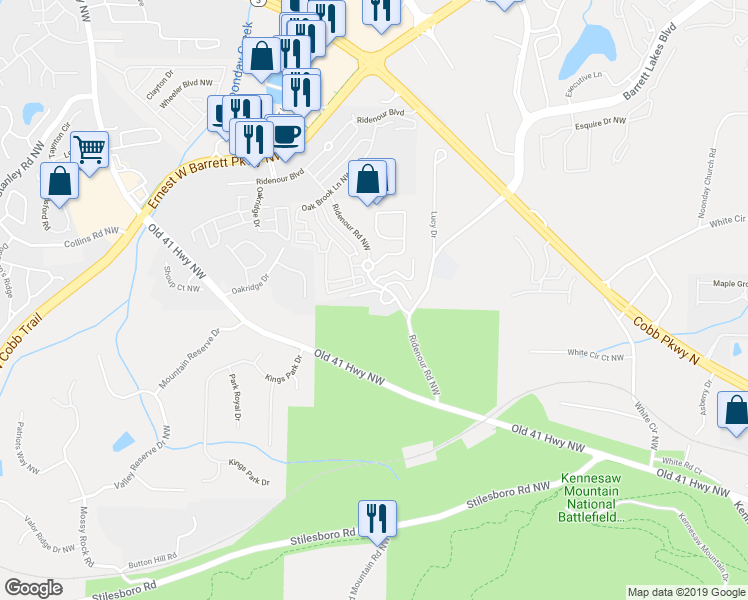 map of restaurants, bars, coffee shops, grocery stores, and more near 1113 Ridenour Court Northwest in Kennesaw