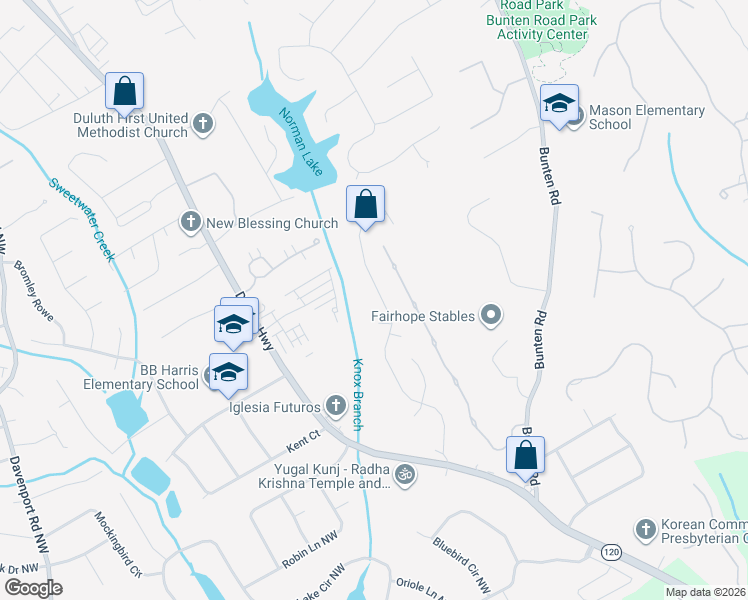 map of restaurants, bars, coffee shops, grocery stores, and more near 3050 Dogwood Creek Parkway Northwest in Duluth
