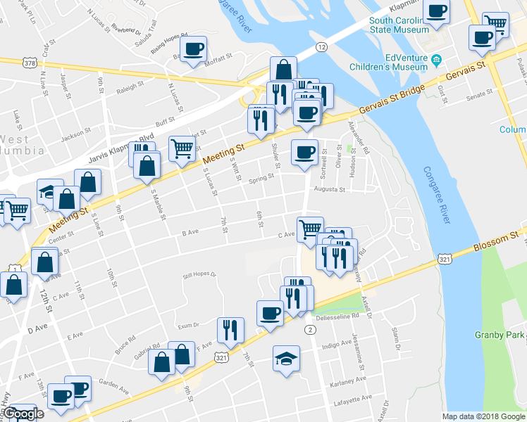 map of restaurants, bars, coffee shops, grocery stores, and more near 530 B Avenue in West Columbia
