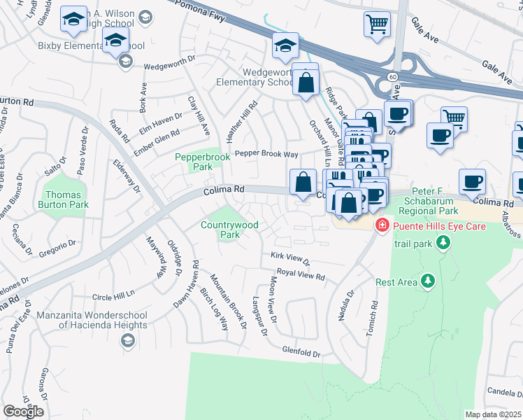map of restaurants, bars, coffee shops, grocery stores, and more near 1821 Camberley Lane in Hacienda Heights