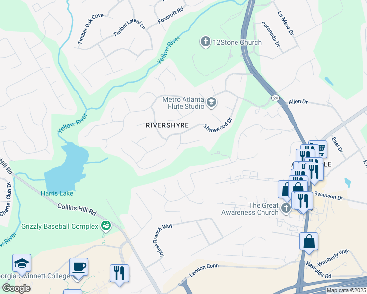 map of restaurants, bars, coffee shops, grocery stores, and more near 275 Lochwood Trail Southeast in Lawrenceville