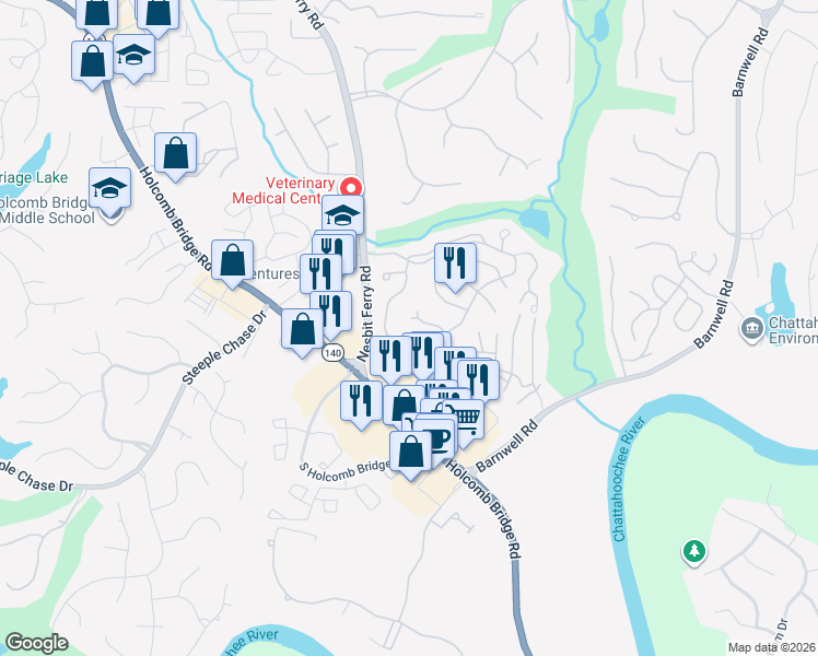 map of restaurants, bars, coffee shops, grocery stores, and more near 340 Parsons Branch in Alpharetta
