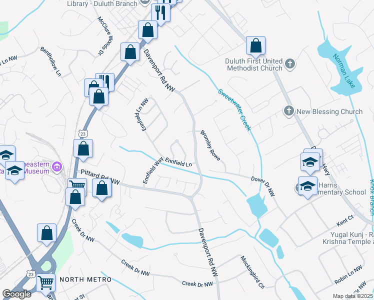 map of restaurants, bars, coffee shops, grocery stores, and more near 3169 Roundfield Circle in Duluth