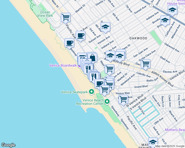 map of restaurants, bars, coffee shops, grocery stores, and more near 1007 Ocean Front Walk in Los Angeles