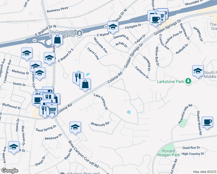 map of restaurants, bars, coffee shops, grocery stores, and more near 1525 Walnut Leaf Drive in Walnut