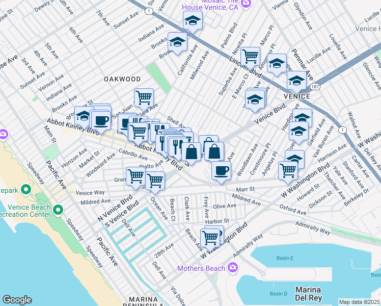 map of restaurants, bars, coffee shops, grocery stores, and more near 595 Venice Boulevard in Los Angeles