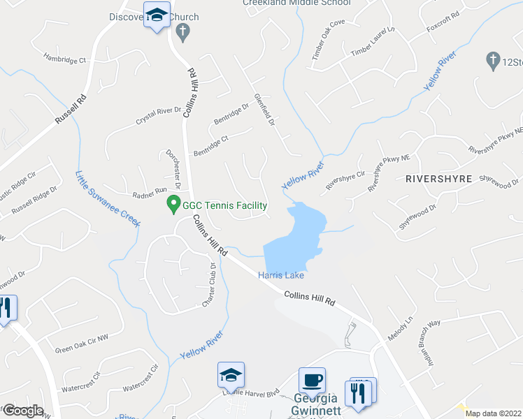 map of restaurants, bars, coffee shops, grocery stores, and more near 205 Channings Lake Drive in Lawrenceville