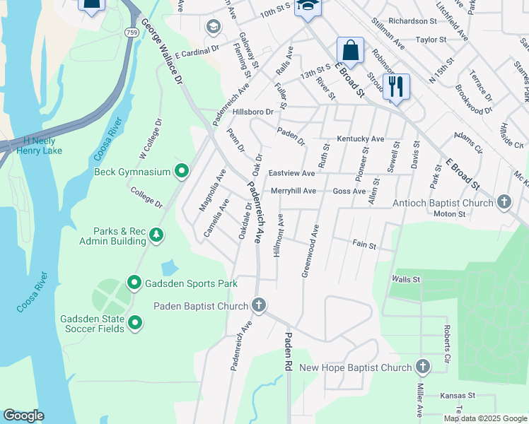 map of restaurants, bars, coffee shops, grocery stores, and more near 608 Padenreich Avenue in Gadsden