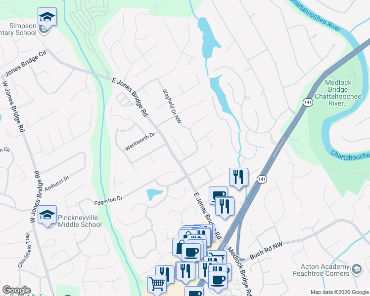 map of restaurants, bars, coffee shops, grocery stores, and more near 4147 Westerleigh Court Northwest in Norcross