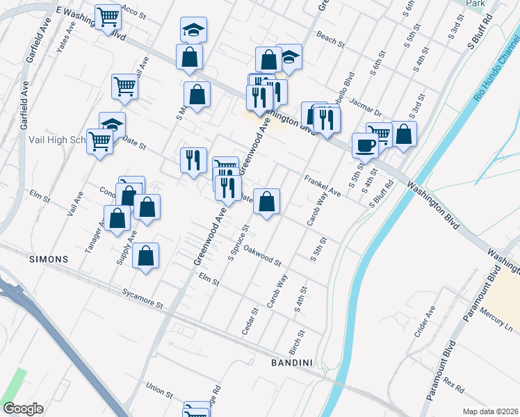 map of restaurants, bars, coffee shops, grocery stores, and more near 1209 South Spruce Street in Montebello