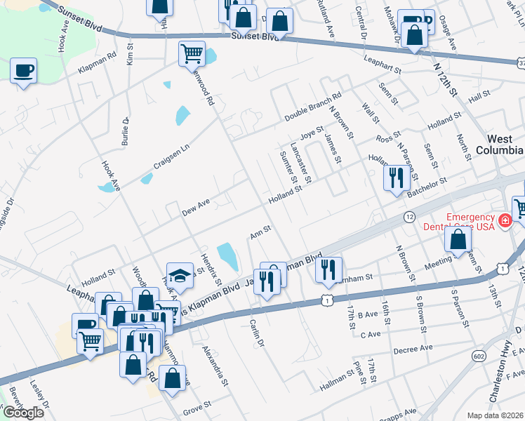 map of restaurants, bars, coffee shops, grocery stores, and more near 1903 Holland Street in West Columbia