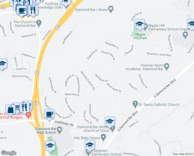 map of restaurants, bars, coffee shops, grocery stores, and more near 21808 Santaquin Drive in Diamond Bar
