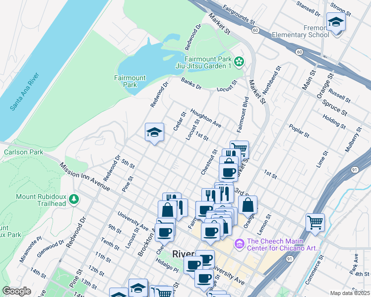 map of restaurants, bars, coffee shops, grocery stores, and more near 3222 Locust Street in Riverside