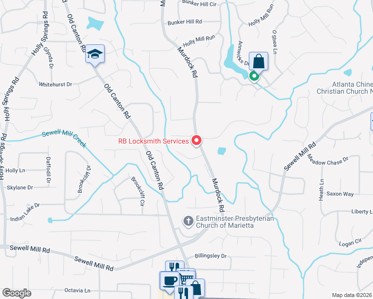 map of restaurants, bars, coffee shops, grocery stores, and more near 3165 Inman Park Court in Marietta