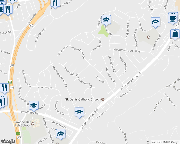 map of restaurants, bars, coffee shops, grocery stores, and more near 1649 Kiowa Crest Drive in Diamond Bar
