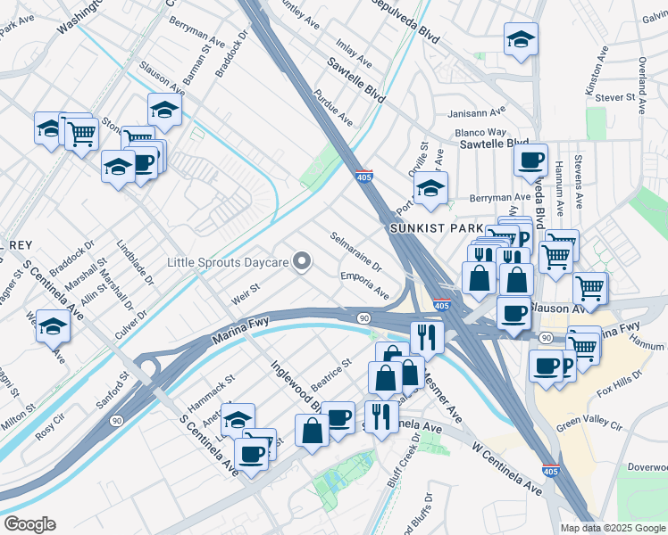 map of restaurants, bars, coffee shops, grocery stores, and more near 11703 Port Road in Culver City