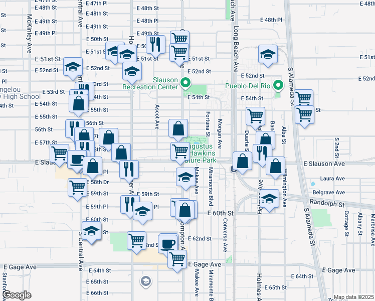 map of restaurants, bars, coffee shops, grocery stores, and more near 5790 Compton Avenue in Los Angeles