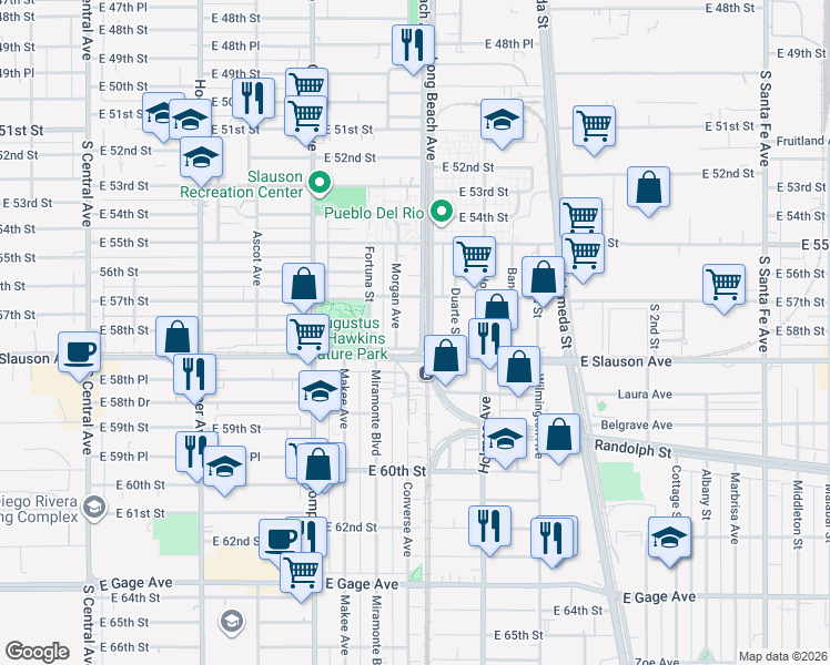map of restaurants, bars, coffee shops, grocery stores, and more near 5739 Long Beach Avenue in Los Angeles