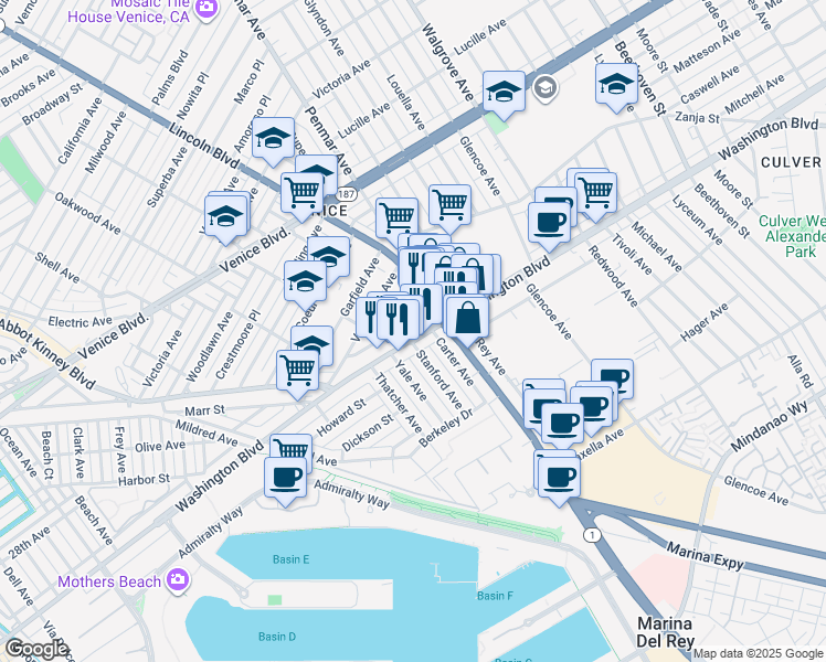 map of restaurants, bars, coffee shops, grocery stores, and more near 3206 Washington Boulevard in Marina del Rey