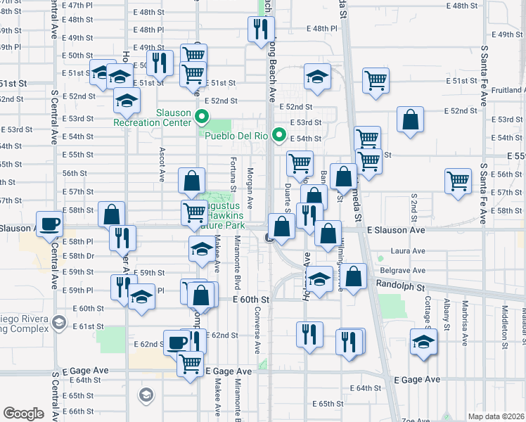 map of restaurants, bars, coffee shops, grocery stores, and more near 5739 Long Beach Avenue in Los Angeles