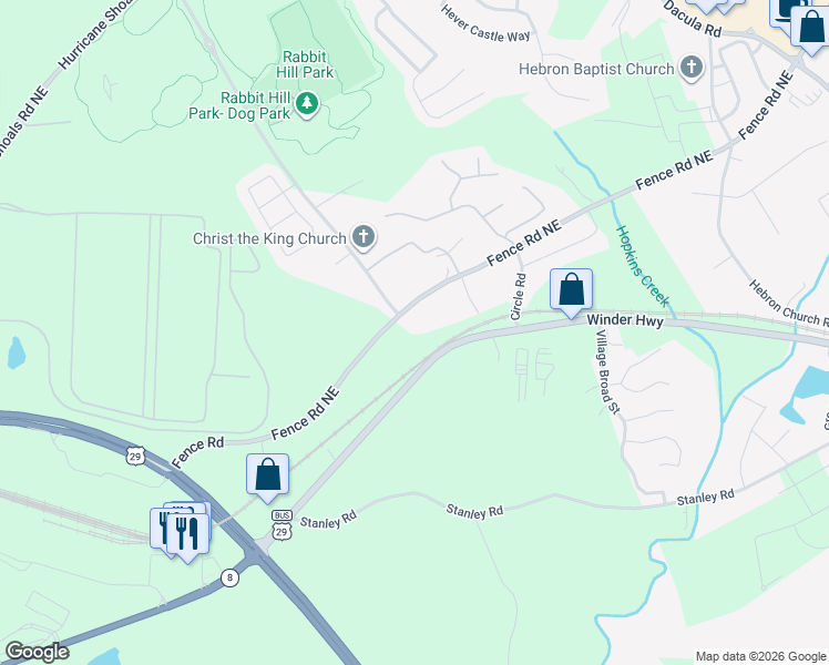 map of restaurants, bars, coffee shops, grocery stores, and more near 1982 Fence Road Northeast in Dacula