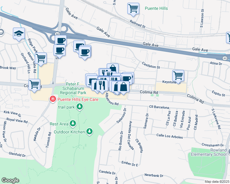 map of restaurants, bars, coffee shops, grocery stores, and more near 17550 Colima Road in Rowland Heights