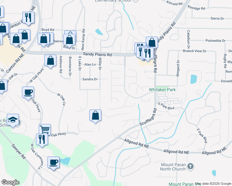 map of restaurants, bars, coffee shops, grocery stores, and more near 1368 Woodcutt Place in Marietta