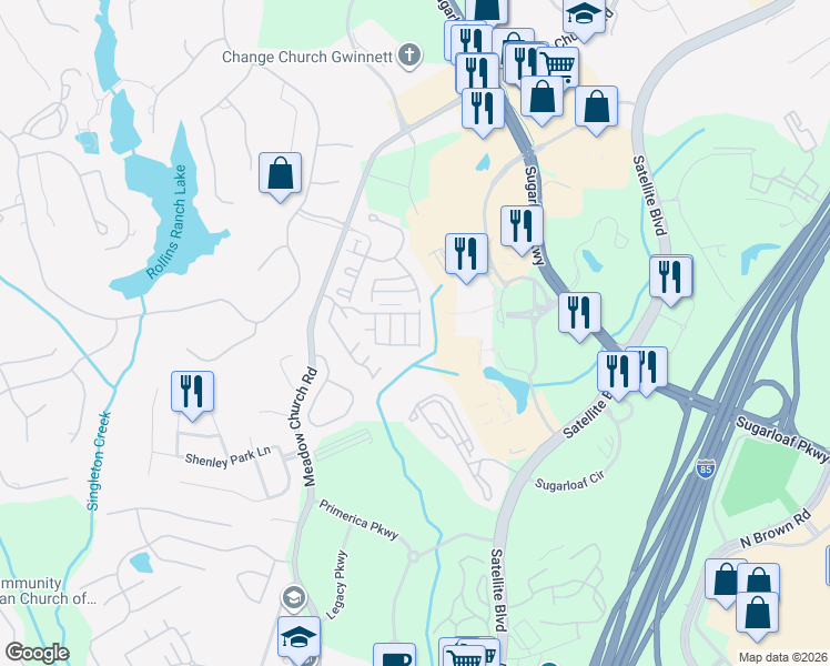 map of restaurants, bars, coffee shops, grocery stores, and more near 2102 Meadow Peak Road in Duluth