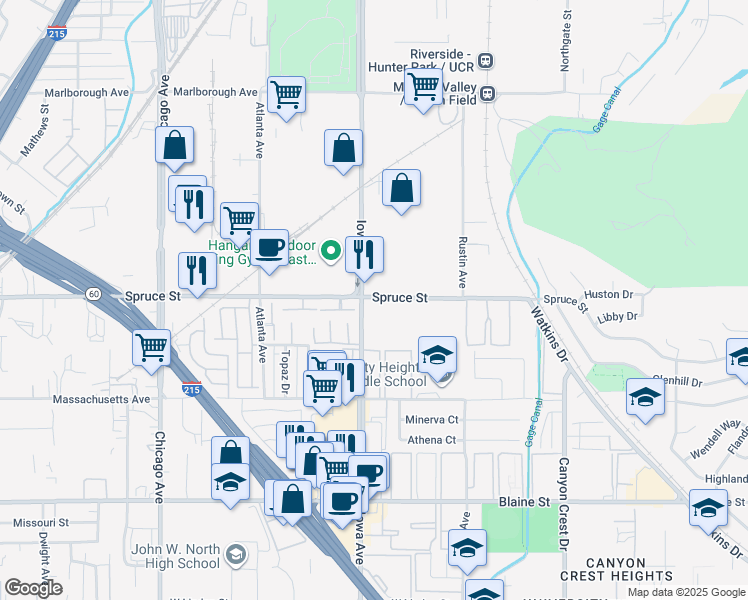 map of restaurants, bars, coffee shops, grocery stores, and more near 1298 Spruce Street in Riverside