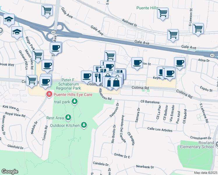 map of restaurants, bars, coffee shops, grocery stores, and more near 17550 Colima Road in Rowland Heights