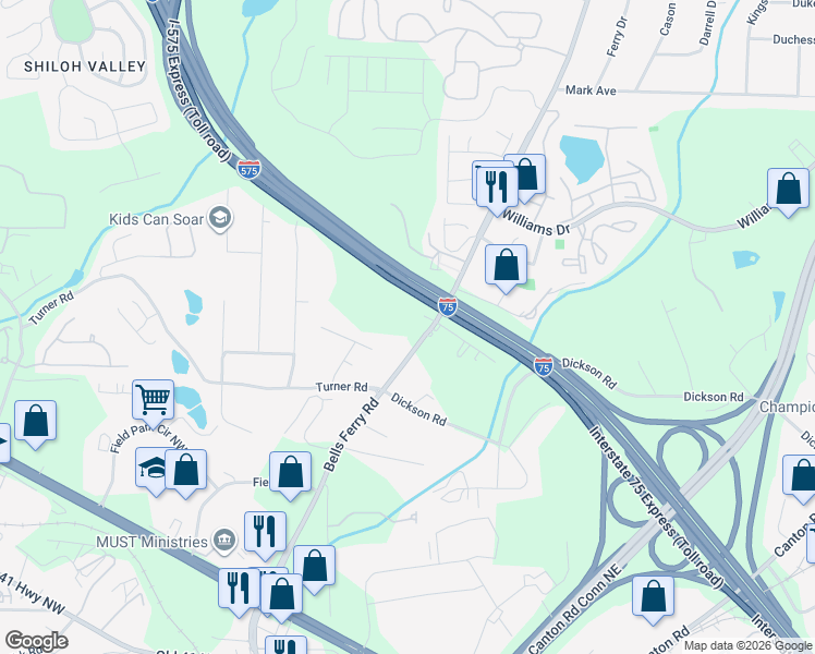 map of restaurants, bars, coffee shops, grocery stores, and more near 1579 Bells Ferry Road in Marietta