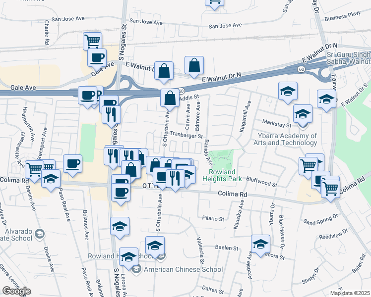 map of restaurants, bars, coffee shops, grocery stores, and more near 1560 South Otterbein Avenue in Rowland Heights