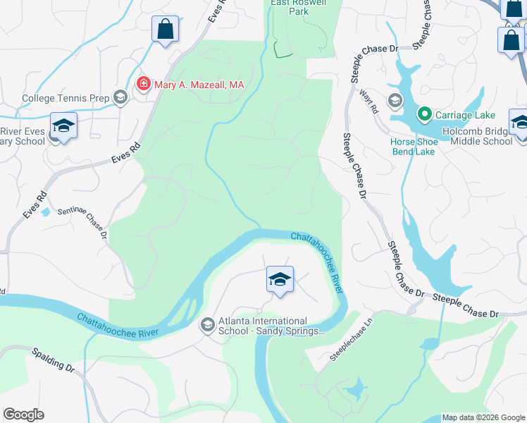map of restaurants, bars, coffee shops, grocery stores, and more near 2135 River Cliff Drive in Roswell