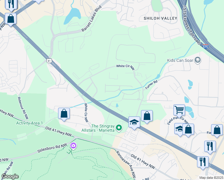 map of restaurants, bars, coffee shops, grocery stores, and more near 718 Pear Grove PI Northwest in Marietta