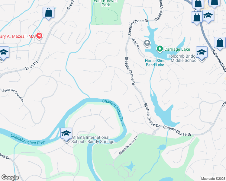 map of restaurants, bars, coffee shops, grocery stores, and more near 8705 River Bluff Lane in Roswell