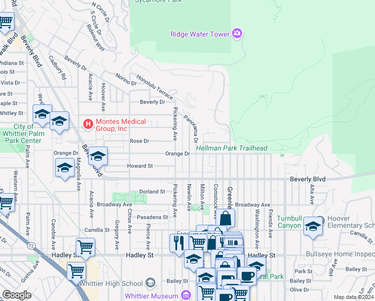map of restaurants, bars, coffee shops, grocery stores, and more near 12629 Orange Drive in Whittier