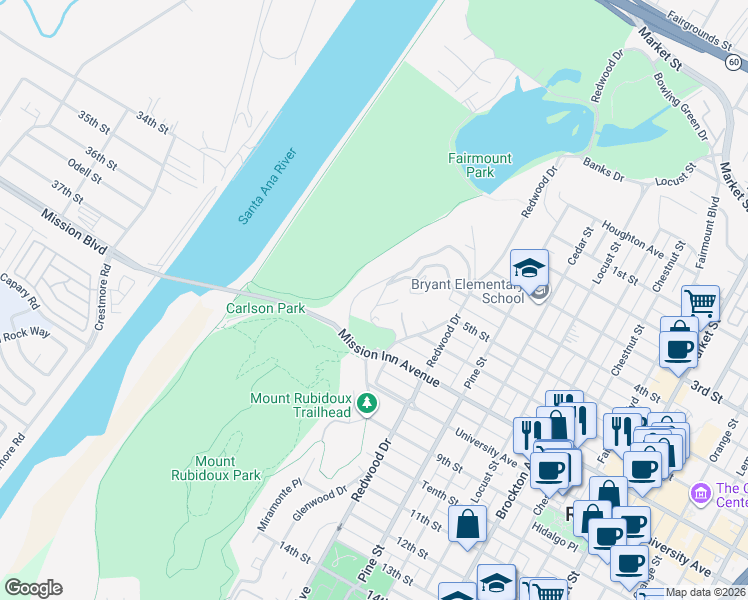 map of restaurants, bars, coffee shops, grocery stores, and more near 4670 Ladera Lane in Riverside