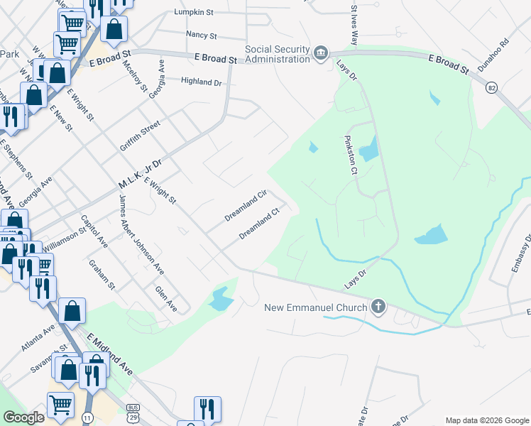 map of restaurants, bars, coffee shops, grocery stores, and more near 330 Dreamland Court in Winder