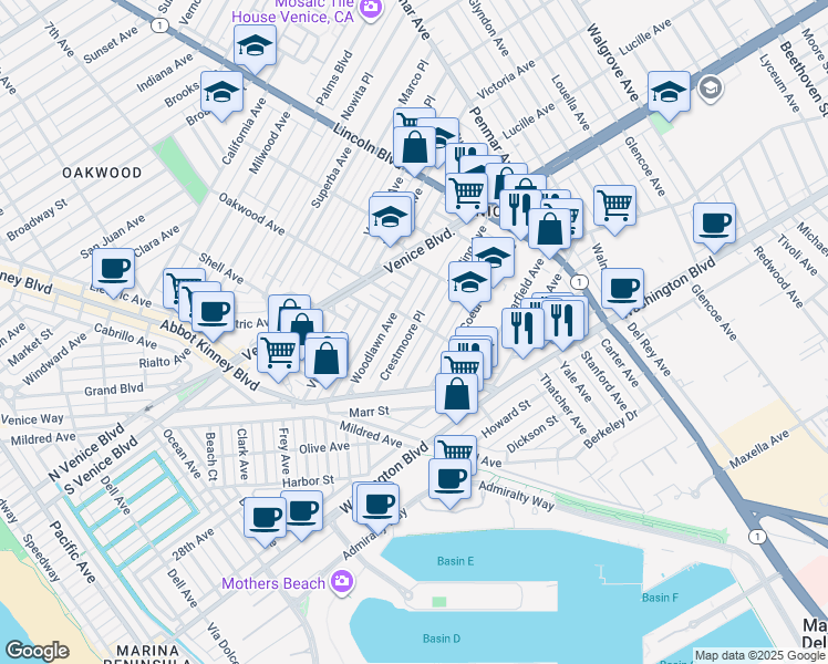 map of restaurants, bars, coffee shops, grocery stores, and more near 723 Angelus Place in Los Angeles