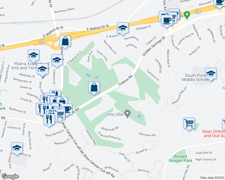 map of restaurants, bars, coffee shops, grocery stores, and more near 20132 Colima Road in Walnut