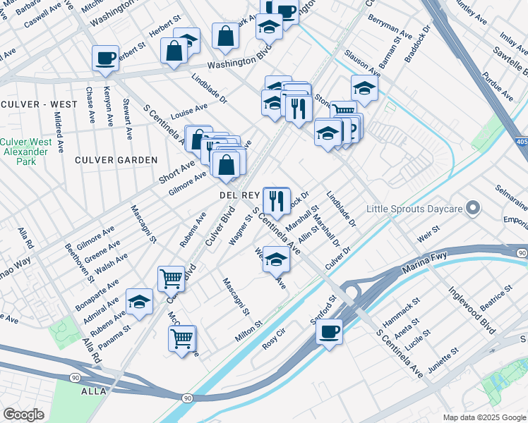 map of restaurants, bars, coffee shops, grocery stores, and more near 4718 South Centinela Avenue in Los Angeles