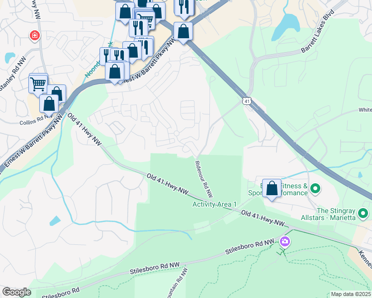map of restaurants, bars, coffee shops, grocery stores, and more near 1100 Ridenour Court Northwest in Kennesaw