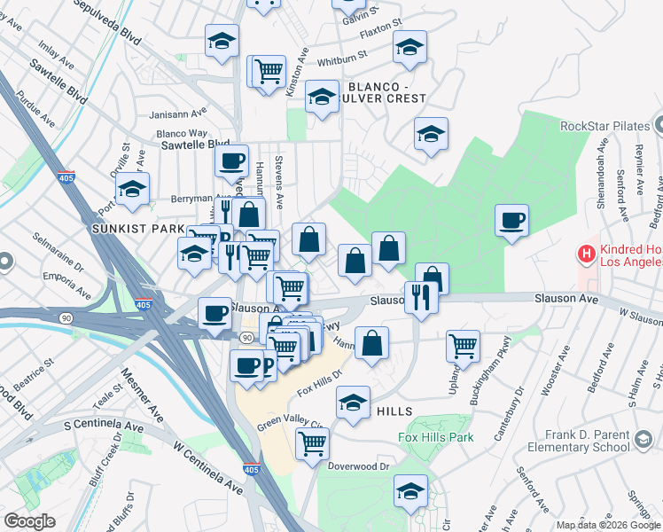 map of restaurants, bars, coffee shops, grocery stores, and more near 11250 Playa Street in Culver City