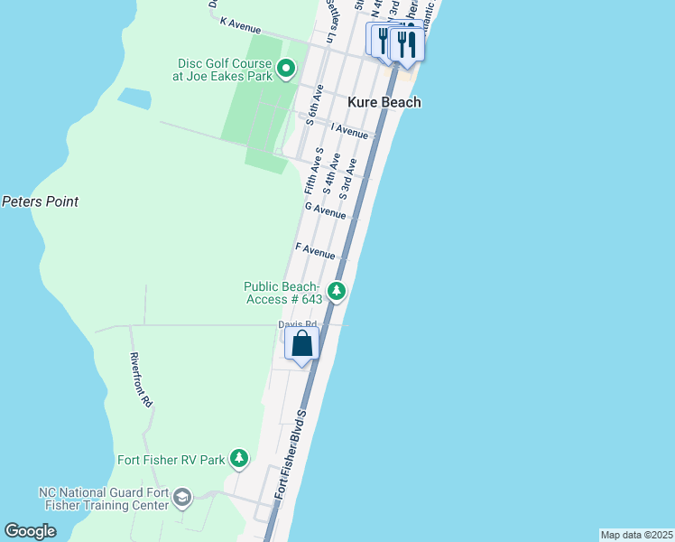map of restaurants, bars, coffee shops, grocery stores, and more near 621 South 3rd Avenue in Kure Beach