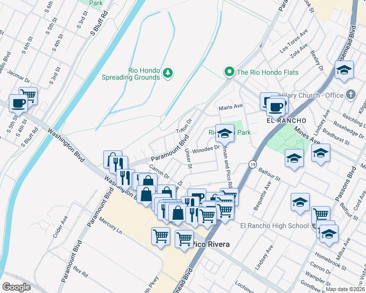 map of restaurants, bars, coffee shops, grocery stores, and more near 8608 Unser Street in Pico Rivera