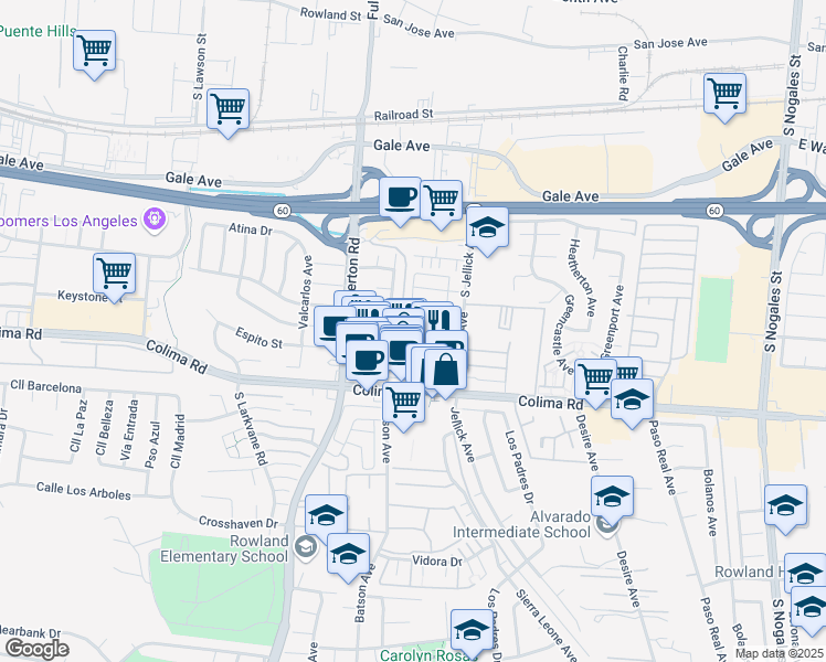 map of restaurants, bars, coffee shops, grocery stores, and more near 18401 Companario Drive in Rowland Heights