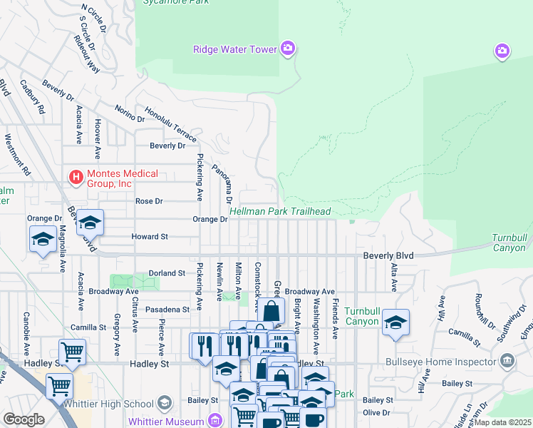 map of restaurants, bars, coffee shops, grocery stores, and more near 12913 Orange Drive in Whittier