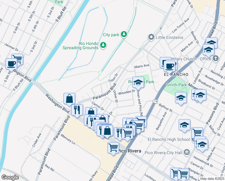 map of restaurants, bars, coffee shops, grocery stores, and more near 8608 Unser Street in Pico Rivera